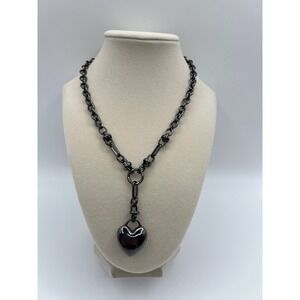 Gunmetal Heart Pendant Chain Necklace Edgy Industrial Style Dark Grey Finish